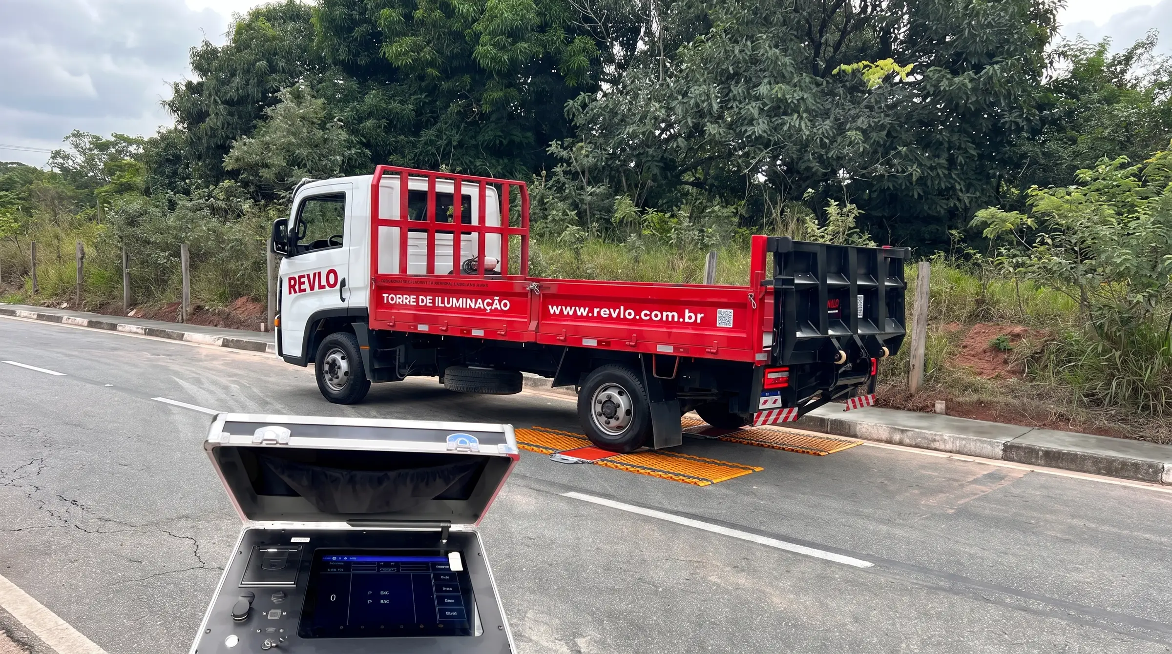 Caminhão Revlo parado sobre as plataformas da balança no acostamento de uma estrada, com a maleta do display aberta em primeiro plano