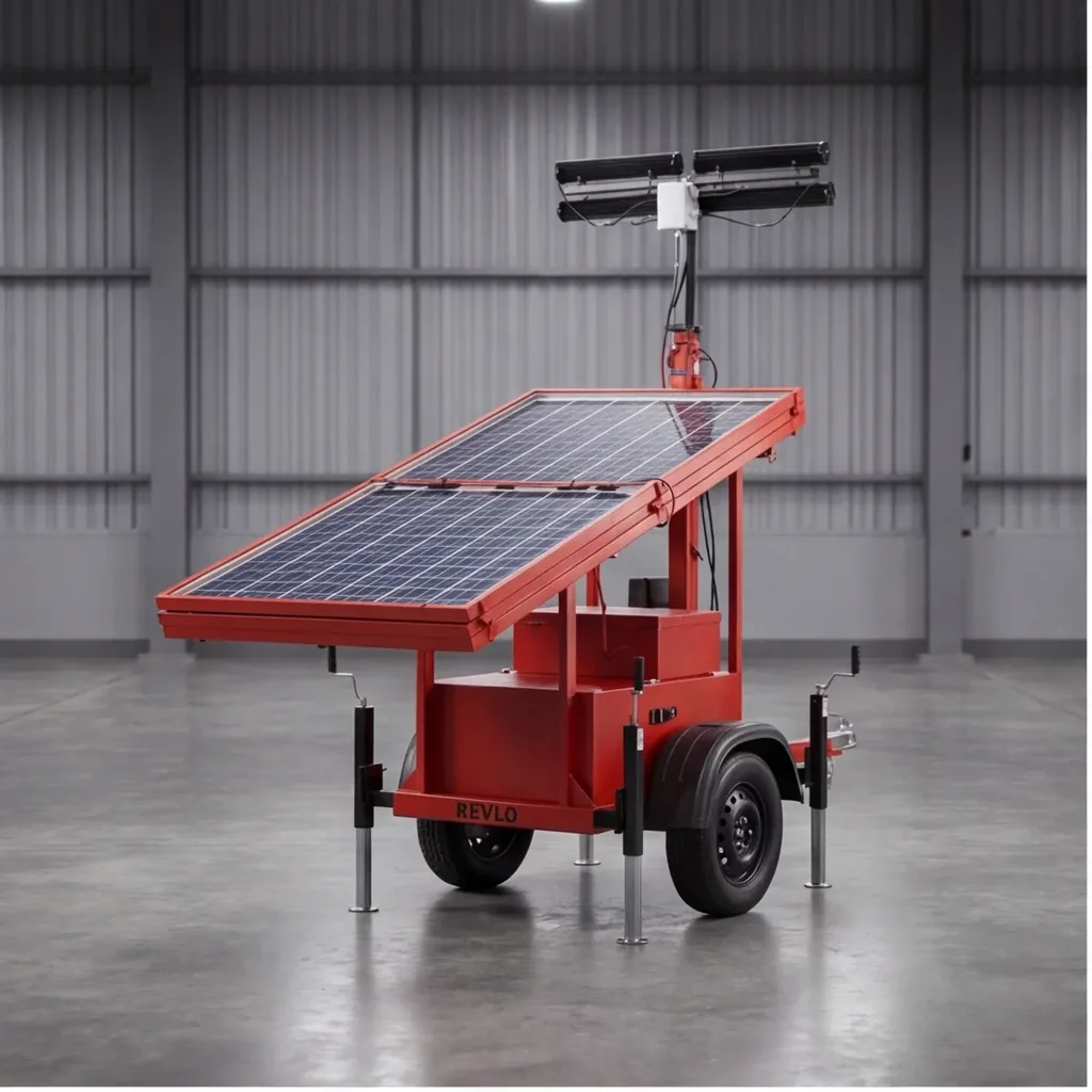 Torre de iluminação solar Revlo ECO 300 com as placas fotovoltaicas abertas e o mastro erguido, no galpão da fábrica