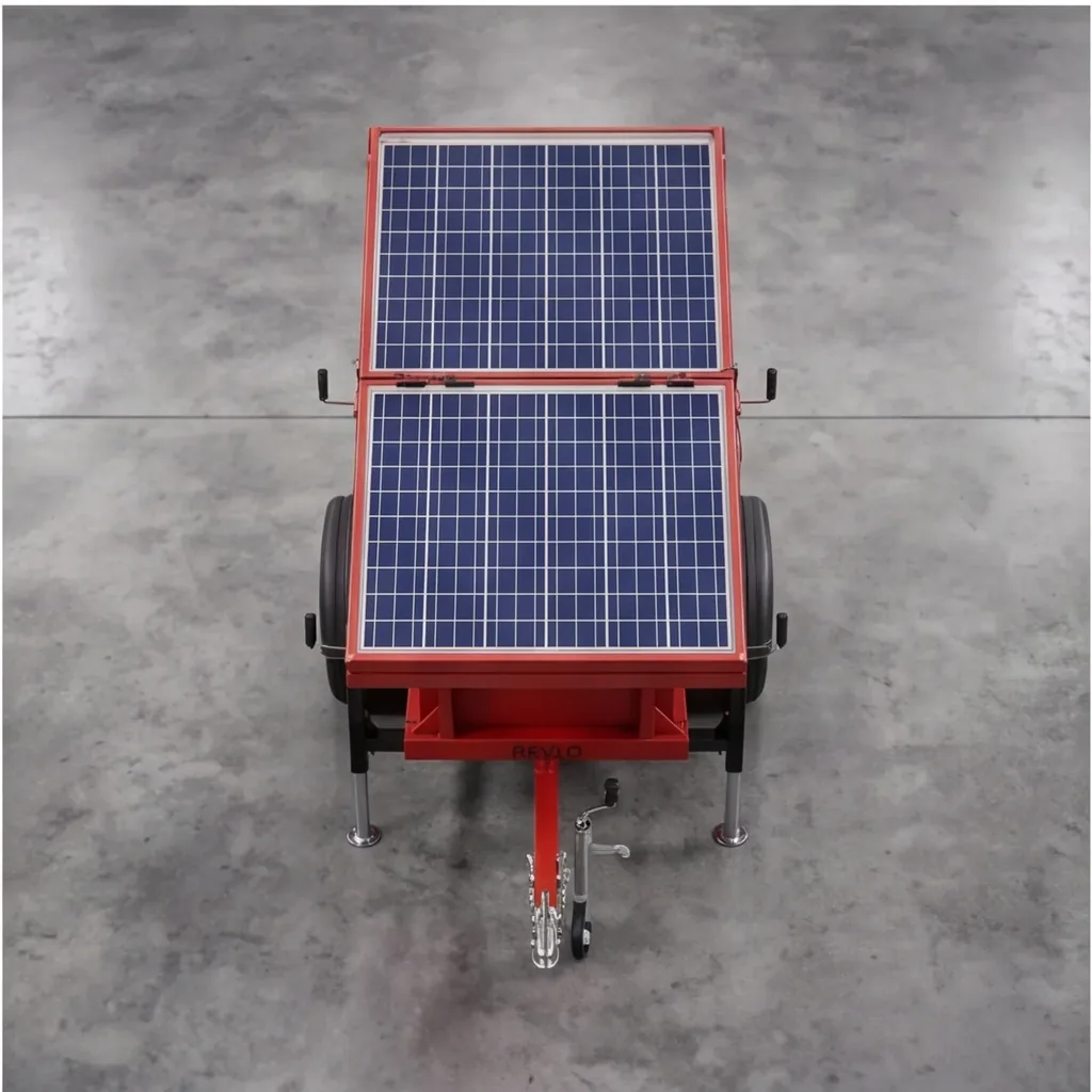 ECO 300 vista de cima em linha reta, com as duas placas fotovoltaicas abertas, a roda-jockey e o engate da carretinha