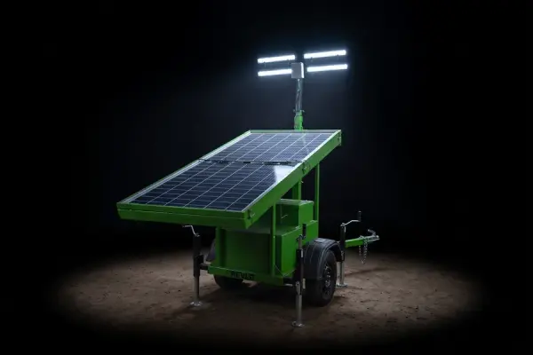 Torre de iluminação solar ECO 300, verde, com as barras de LED acesas no escuro