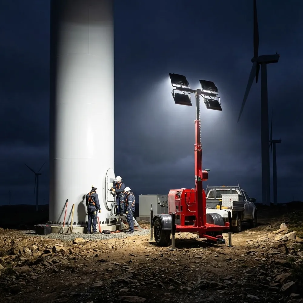 Equipe fazendo manutenção na base de um aerogerador iluminada por torre Revlo