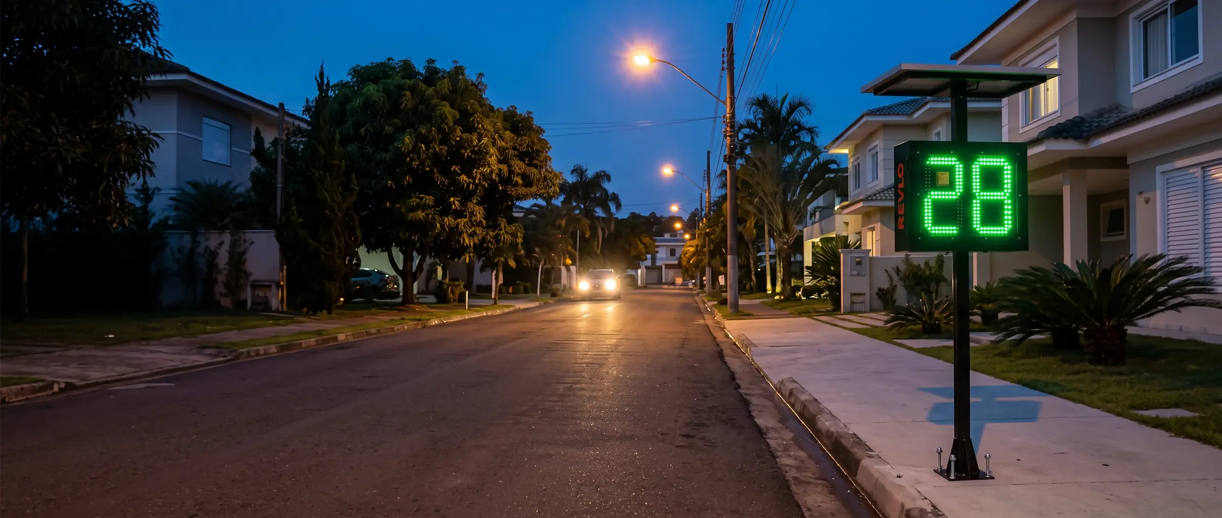 Lombada eletrônica Revlo em coluna na calçada de uma rua de condomínio ao anoitecer, mostrando 28 em LED verde para o carro que se aproxima