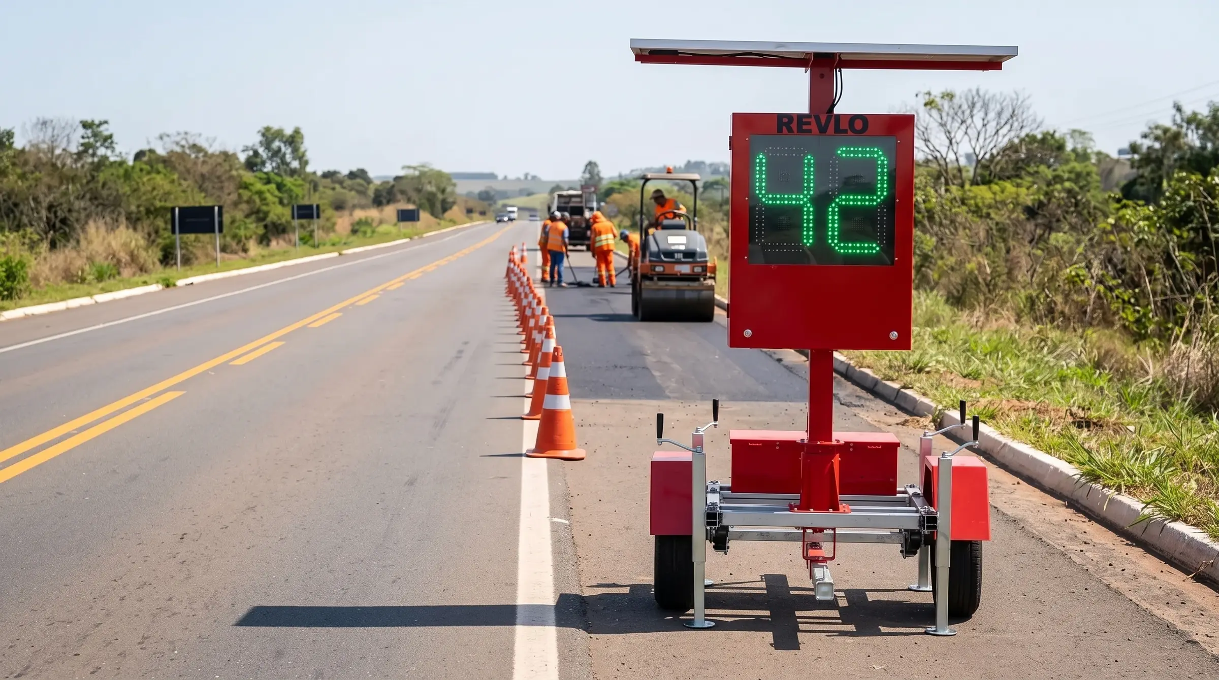 Lombada eletrônica móvel Revlo antes de uma faixa interditada por cones, mostrando 42 em LED verde, com a equipe de pavimentação e um rolo trabalhando dentro da faixa fechada