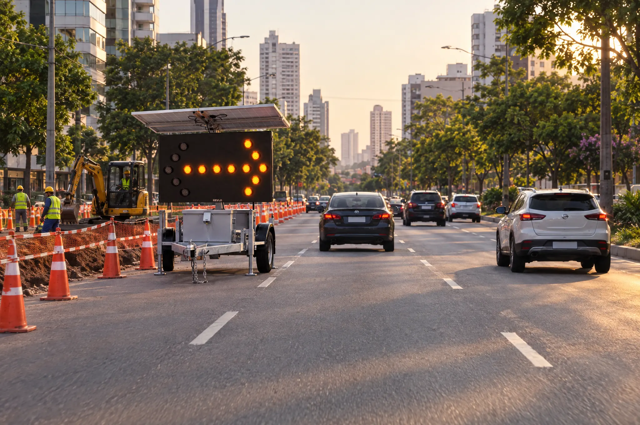 Painel de seta indicativa móvel Revlo numa avenida, na faixa da esquerda fechada por uma obra com escavadeira, com a seta para a direita acesa e os carros seguindo pelas outras faixas