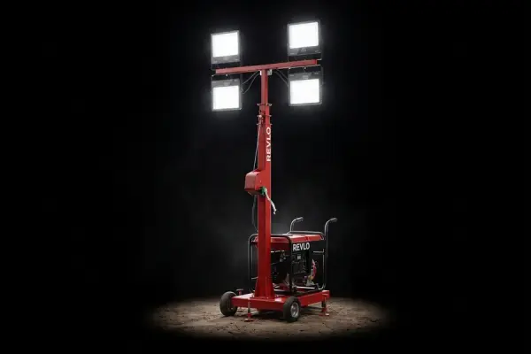 Torre de iluminação RV 2400 em carrinho de mão, com os quatro refletores acesos no escuro
