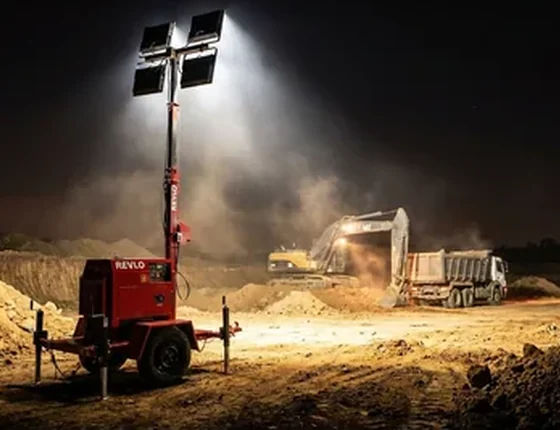 Torre de iluminação Revlo RV 4000 iluminando uma frente de terraplenagem noturna com escavadeira e caminhão