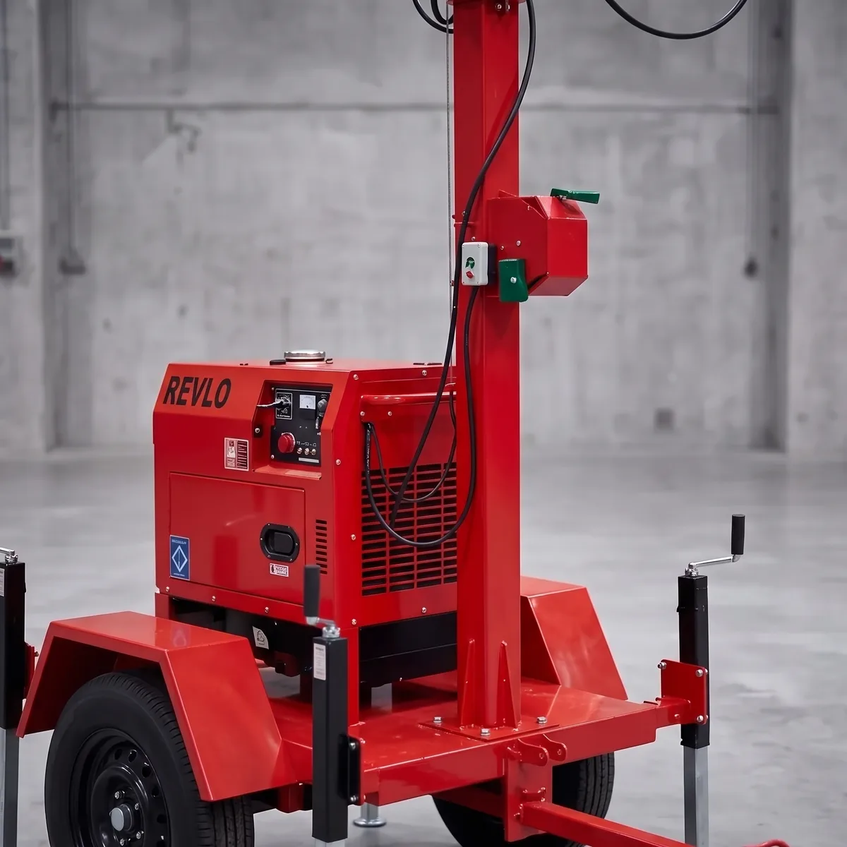Gerador diesel REVLO da RV 4000 em detalhe, com o painel de controle, a tampa de combustível e a chave verde no mastro
