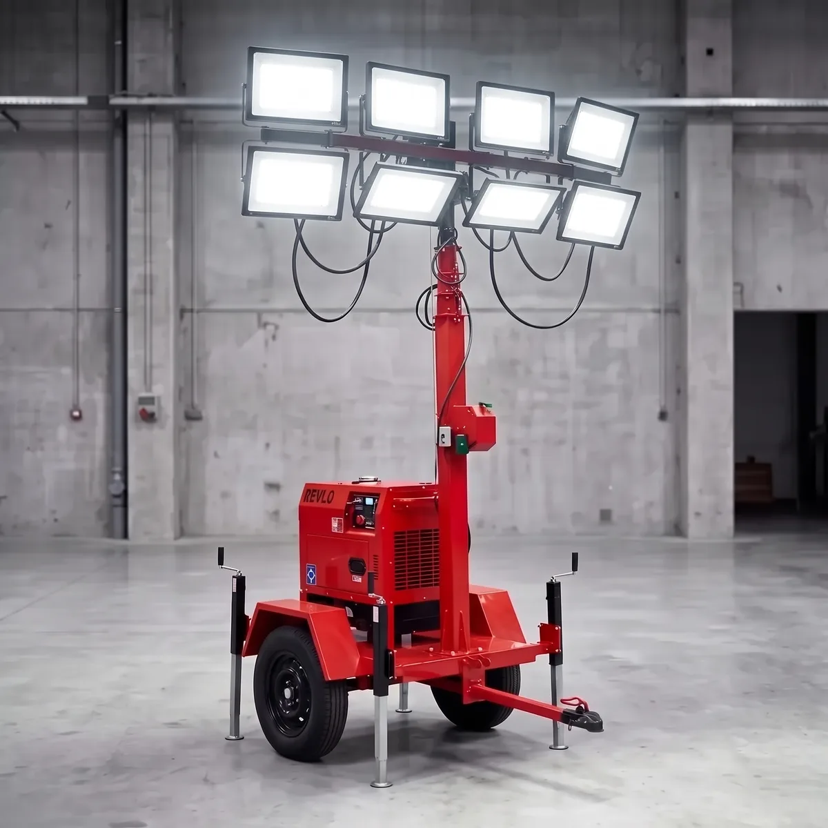Torre de iluminação Revlo RV 4800 com o mastro telescópico erguido e os oito refletores de LED acesos, dentro de um galpão industrial