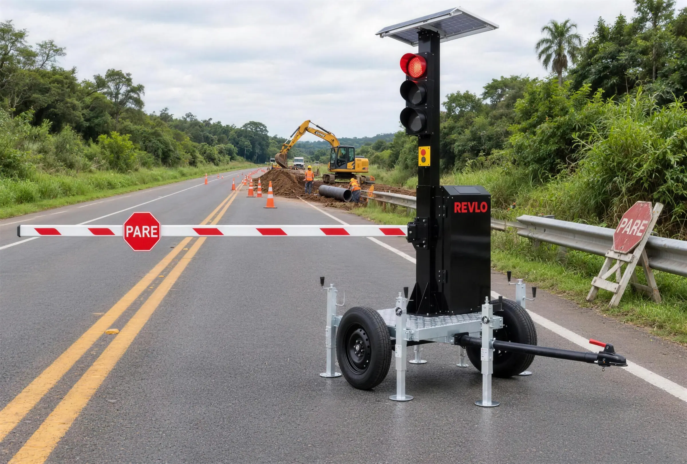 A cancela ocupando o ponto crítico da pista enquanto a equipe trabalha atrás da barreira, com a antiga placa PARE de cavalete encostada no acostamento, sem uso