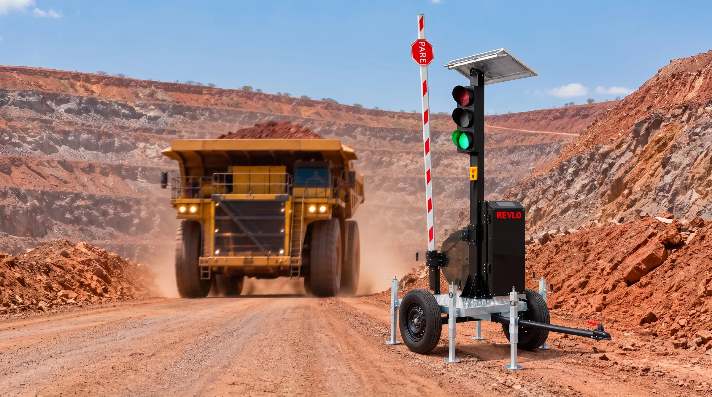Cancela levantada e foco verde aceso liberando a passagem de um caminhão fora de estrada carregado, em acesso de mineração
