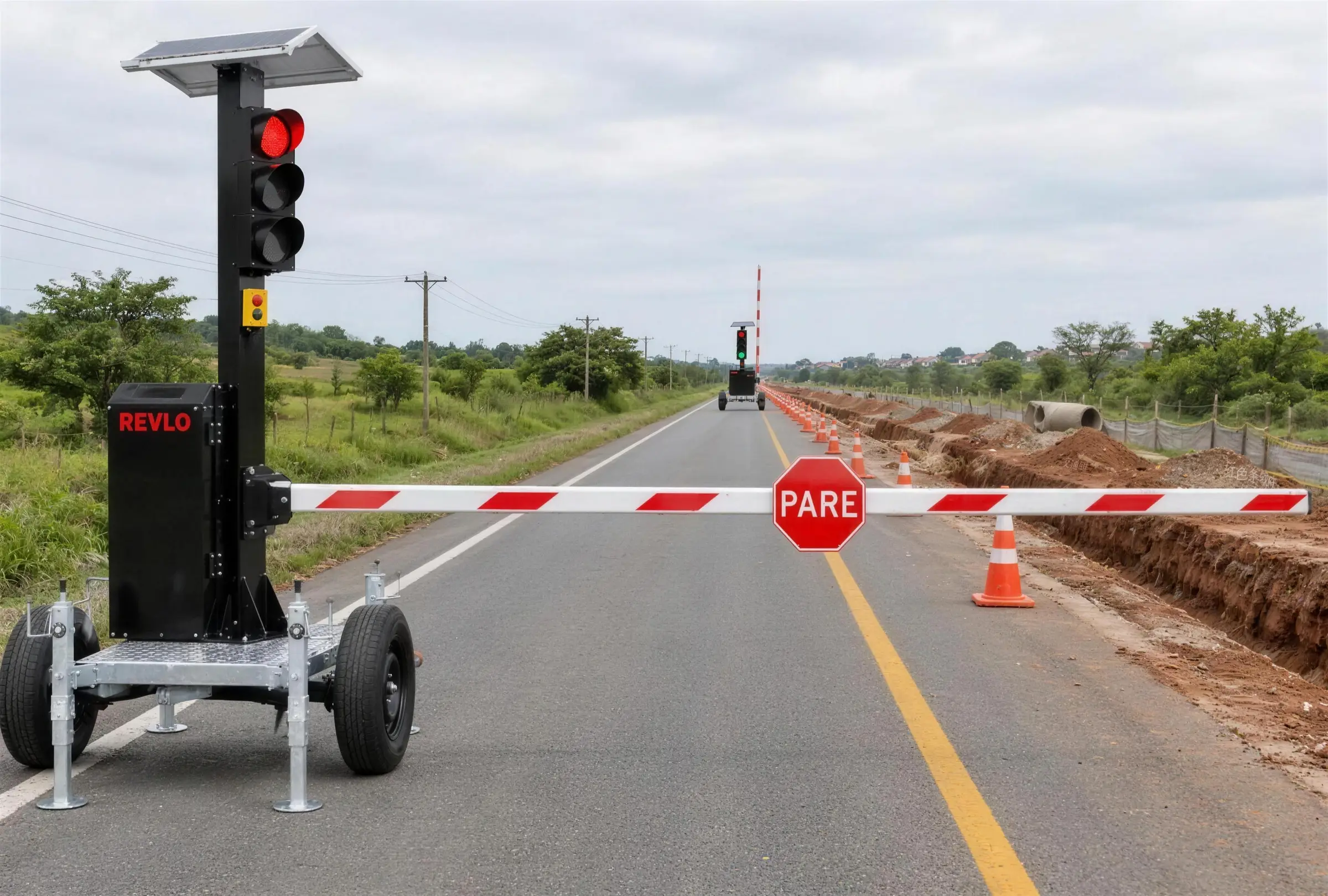 Os dois conjuntos controlando a mesma faixa: o da frente fechado no vermelho e o do outro extremo, ao fundo, com a cancela levantada no verde